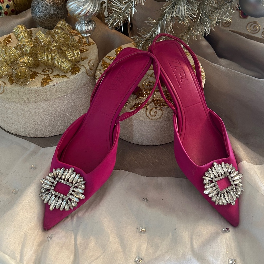 Zara Hot Pink Silver Sling Back Ankle Strap Satin Heels 39 / 8